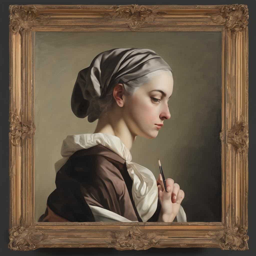 Καλλιτέχνες που επηρεάζουν την τέχνη, πορτρέτο γυναίκας με καπέλο και πινέλο σε ρεαλιστικό στυλ.