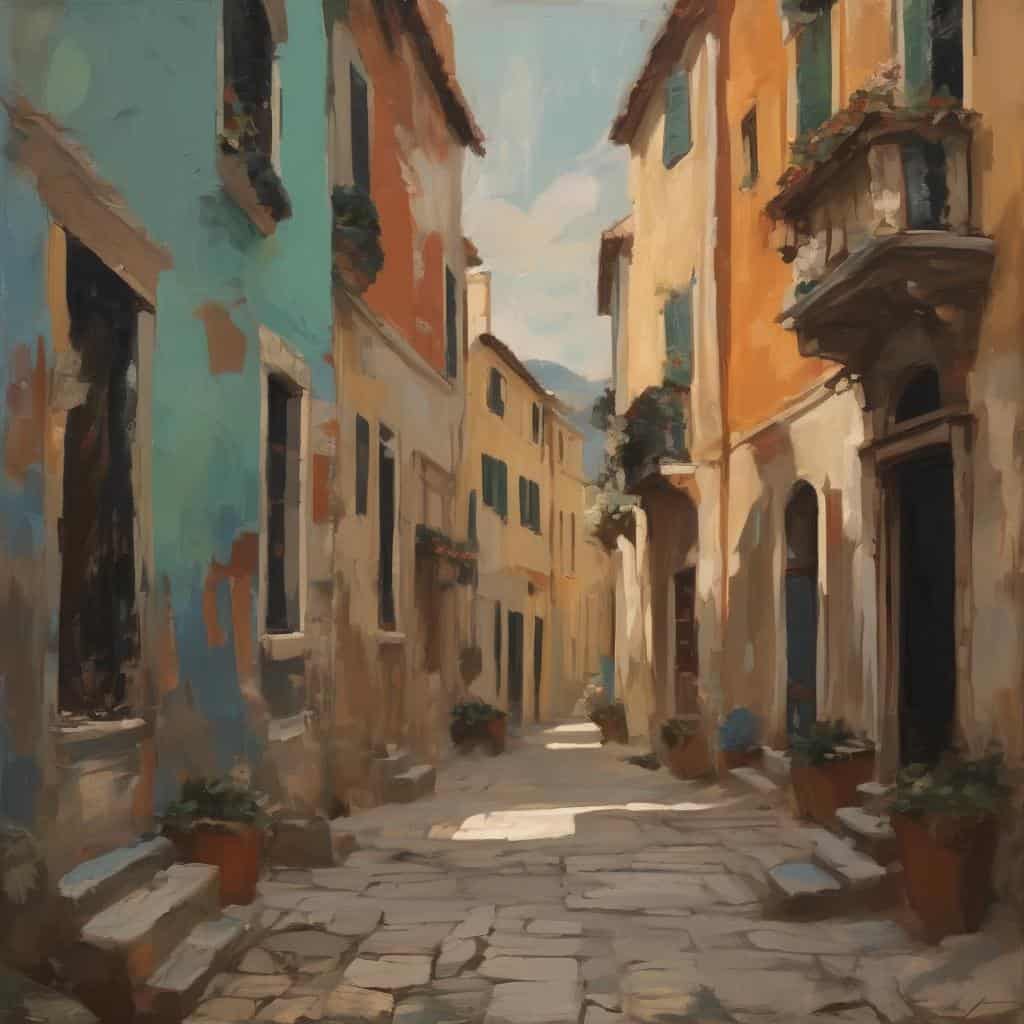 Φωτογραφία παραδοσιακής μικρής ευρωπαϊκής πόλης με πολύχρωμα κτίρια και πέτρινο δρομάκι, επηρεασμένη από καλλιτέχνες που εμπνέουν την τέχνη.