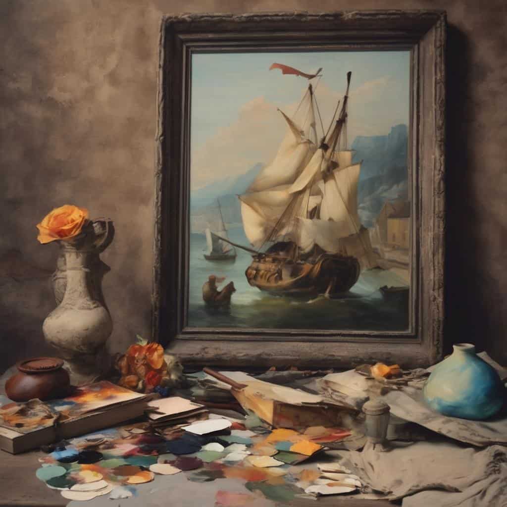 Παραδοσιακή ζωγραφική πλοίου σε καμβά, με χρωματική παλέτα σοφίτας.