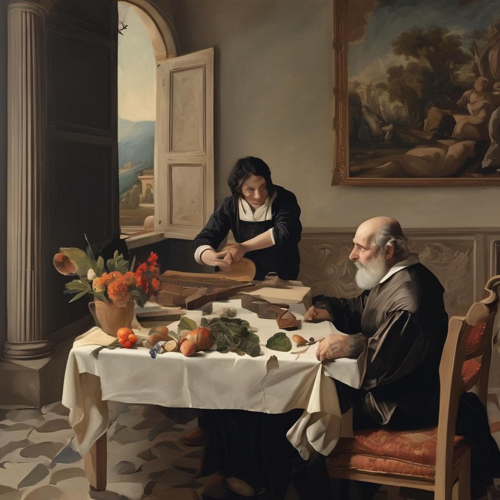 Λαμπερό πίνακα με καλλιτέχνες που επηρεάζουν την τέχνη, σε εσωτερικό χώρο με όμορφη διακόσμηση και έργα τέχνης στο βάθος.