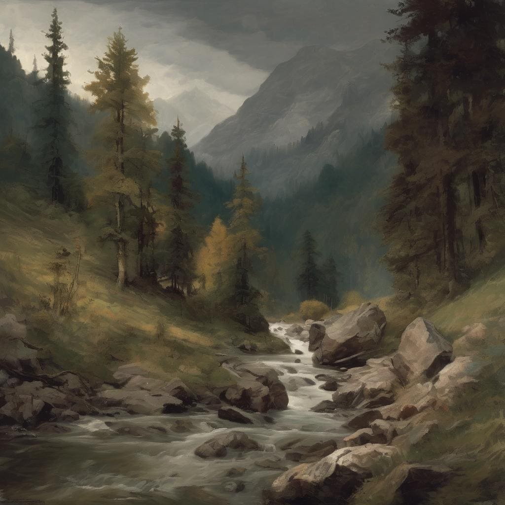 Ουράνιο τοπίο με ποτάμι και βουνά, εμπνευσμένο από τους καλλιτέχνες που επηρεάζουν την τέχνη.