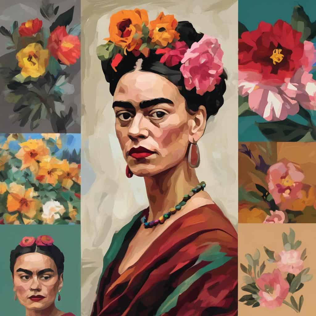 Ανθρώπινη μορφή με φτερά από λουλούδια, πορτραίτο της Frida Kahlo, σύμβολο καλλιτεχνικής έμπνευσης και δημιουργικότητας.